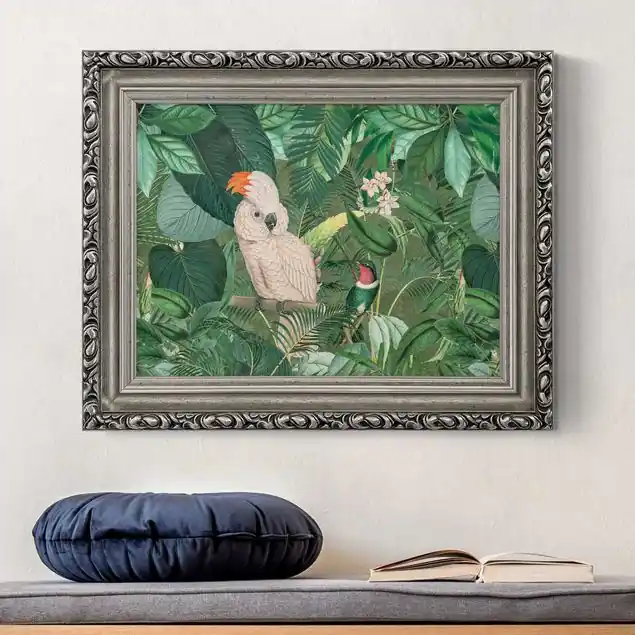 Abverkauf Vintage Collage - Kakadu und Kolibri                               Gerahmtes Leinwandbild
