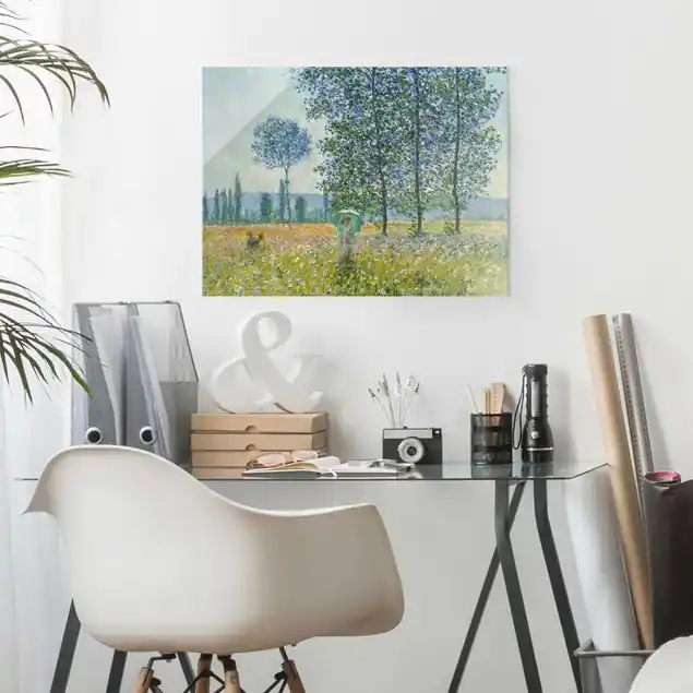 Claude Monet - Felder im Frühling Glasbild - Querformat Versand Am Gleichen Tag