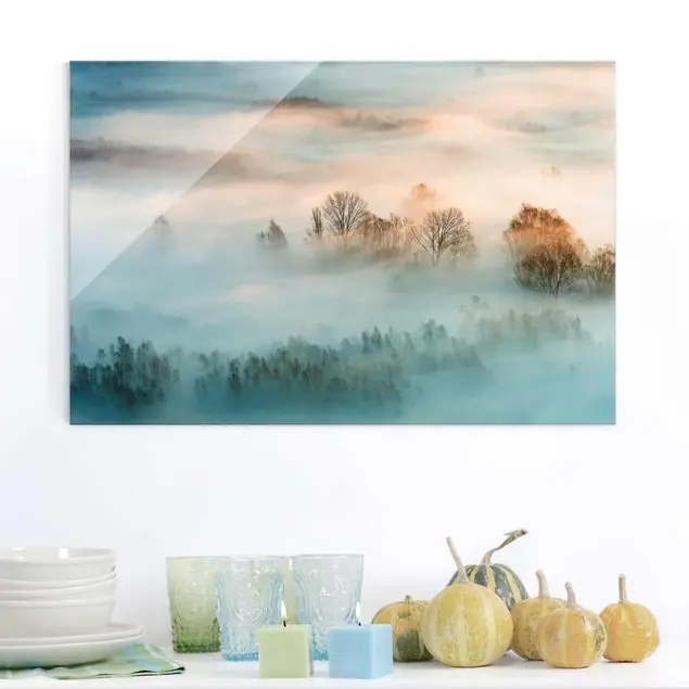 Wochenendangebot Nebel bei Sonnenaufgang                               Glasbild - Querformat
