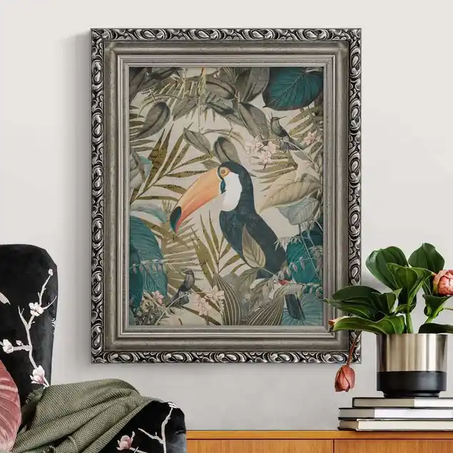 Aktuell Vintage Collage - Tukan im Dschungel                               Gerahmtes Leinwandbild