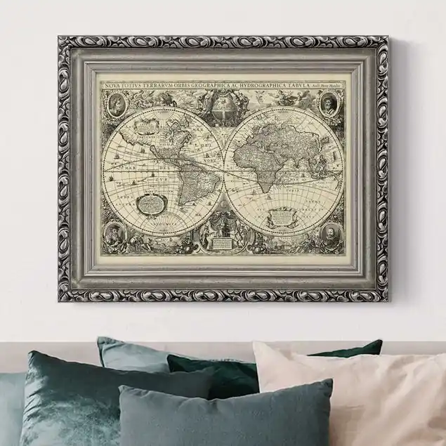 Neu Vintage Weltkarte Antike Illustration Gerahmtes Leinwandbild