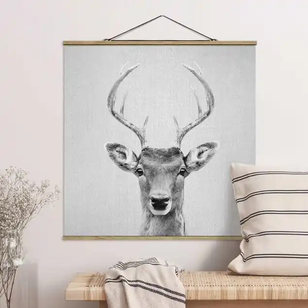 Kostenfreie Lieferung Hirsch Heinrich Schwarz Weiß Stoffbild