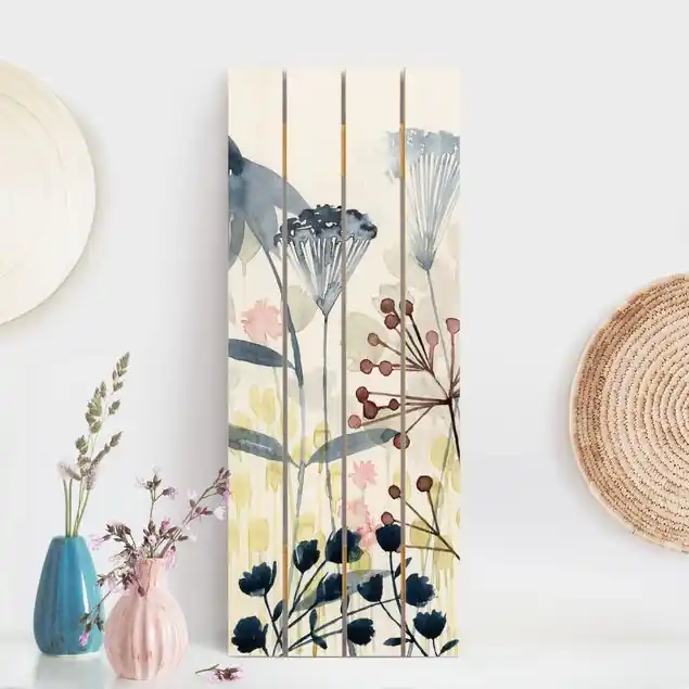Preiswert Wildblumen Aquarell I Holzbild Plankenoptik - Hochformat