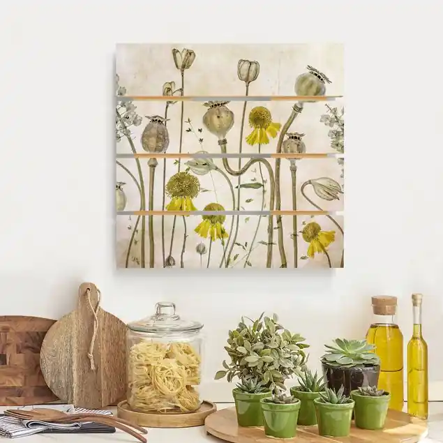 Wochenendangebot Mohn und Helenium                               Holzbild Plankenoptik - Quadrat