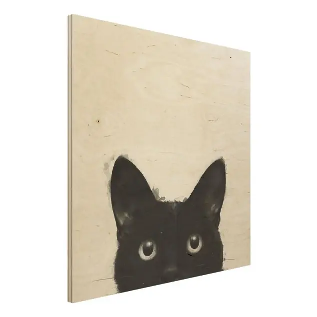 Zertifiziert Illustration Schwarze Katze auf Weiß Malerei Holzbild - Quadrat