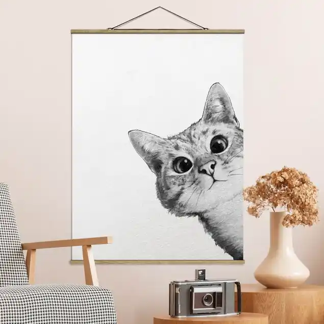 Zertifiziert Illustration Katze Zeichnung Schwarz Weiß Stoffbild - Hochformat