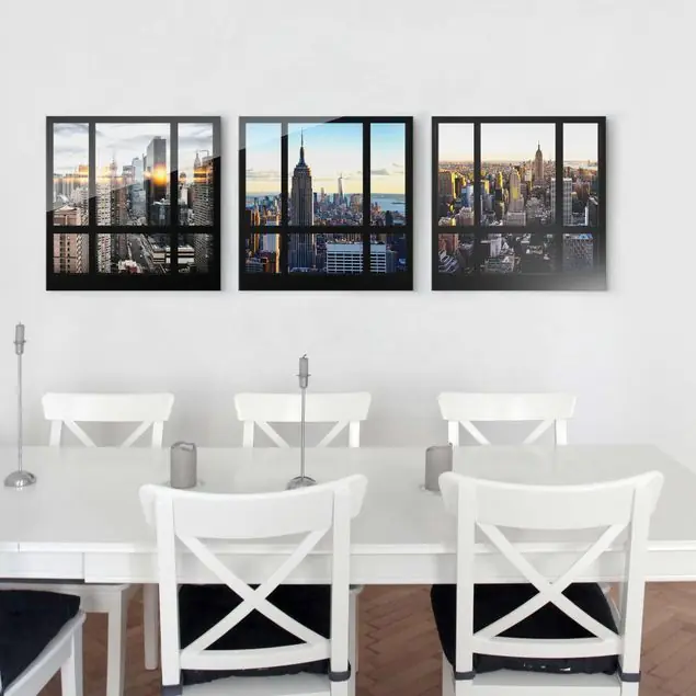 Zertifiziert Fensterblicke über New York 3-teiliges Glasbild - Quadrat