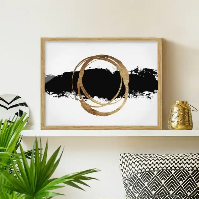 Abstrakte Formen - Gold und Schwarz                               Bild mit Rahmen Sichere Zahlung