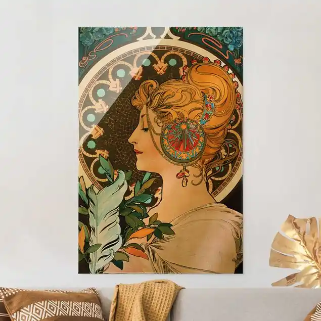 Aktuell Alfons Mucha - Die Feder                               Glasbild - Hochformat