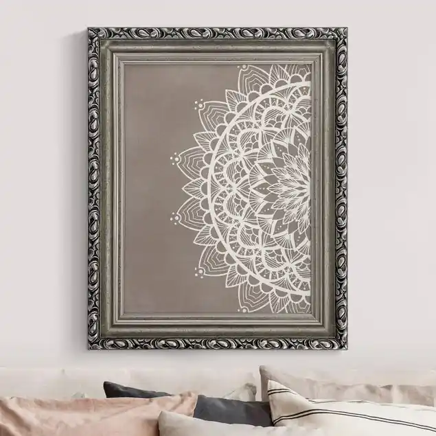 Zertifiziert Mandala Illustration shabby weiß beige                               Gerahmtes Leinwandbild