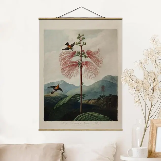 Wochenendangebot Botanik Vintage Illustration Blüte und Kolibri Stoffbild - Hochformat