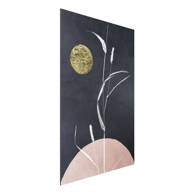 Zertifiziert Goldener Mond mit Schilf Alu-Dibond Bild