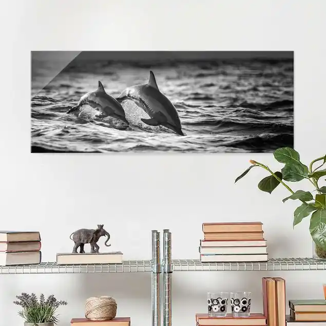 Zwei springende Delfine                               Glasbild - Panorama Billig