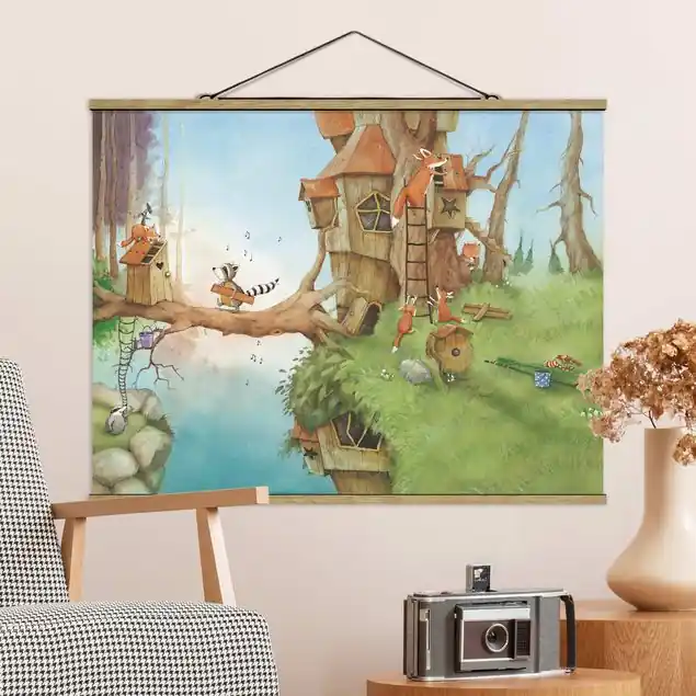 Saisonangebot Wassili Waschbär - Wassili und Familie Fuchs                               Stoffbild - Querformat