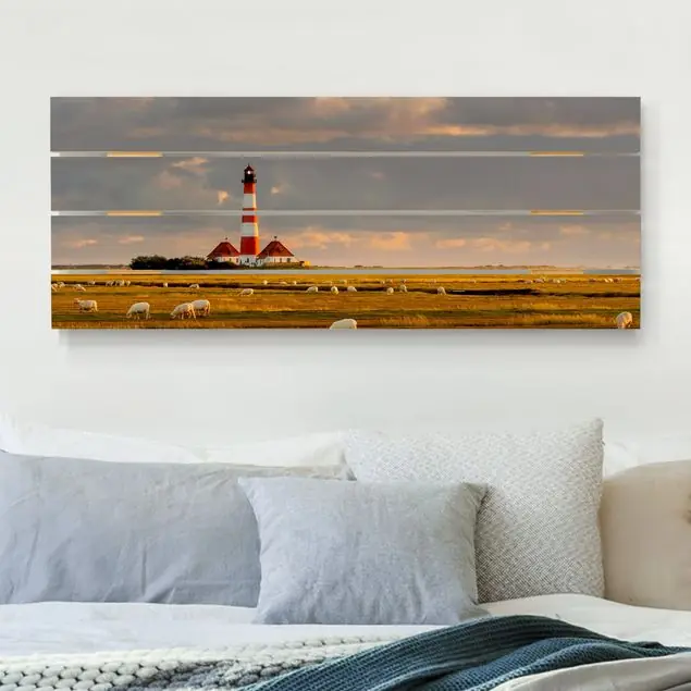 Nordsee Leuchtturm mit Schafsherde Holzbild Plankenoptik - Panorama Neuheit