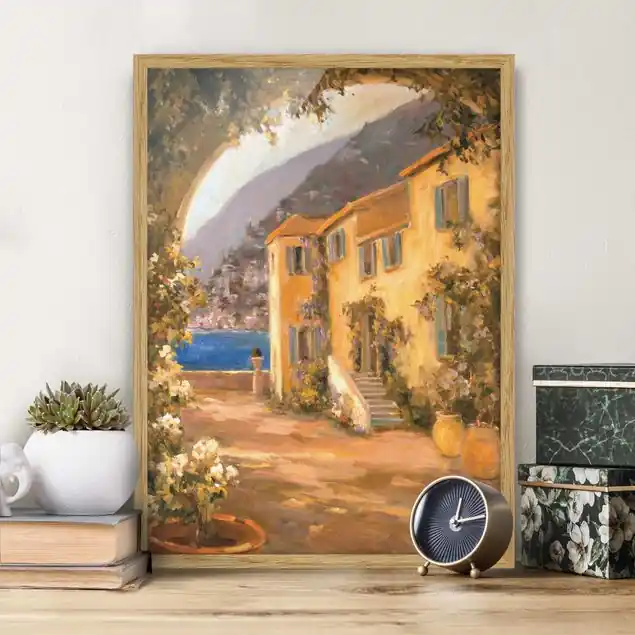 Kostenloser Rückversand Italienische Landschaft - Blumenbogen Bild mit Rahmen - Hochformat