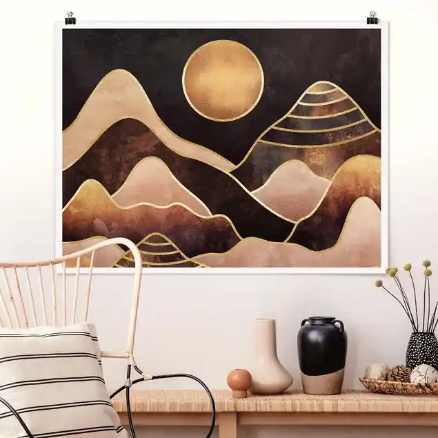 Kostenloser Versand Goldene Sonne abstrakte Berge Poster - Querformat