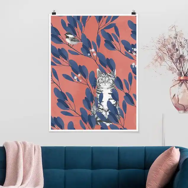 Illustration Katze und Vogel auf Ast Blau Rot Poster - Hochformat Top-Seller