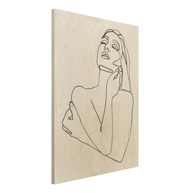 Line Art Frau Oberkörper Schwarz Weiß Holzbild - Hochformat 3:4 Schneller Versand