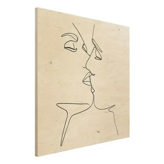 Markenprodukt Line Art Kuss Gesichter Schwarz Weiß Holzbild - Quadrat