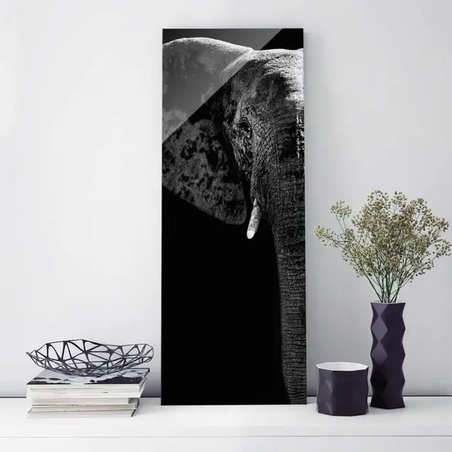 Afrikanischer Elefant schwarz-weiss                               Glasbild - Hochformat Preis Gesenkt
