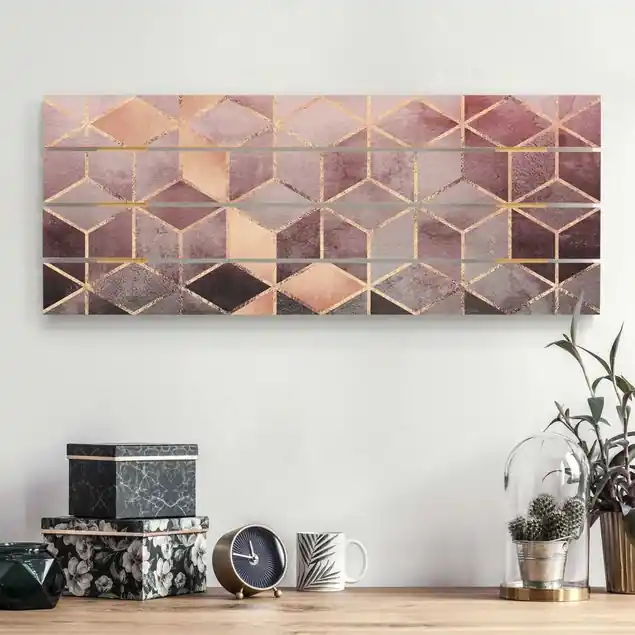 Rosa Grau goldene Geometrie Holzbild Plankenoptik - Panorama Günstig