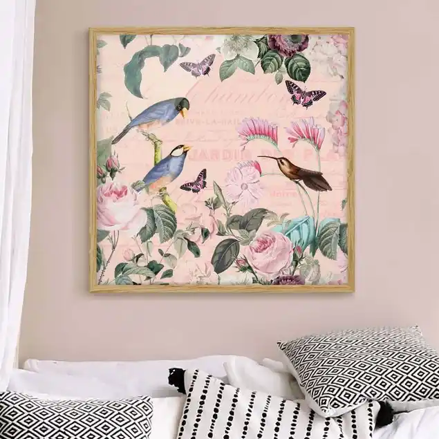 Gratis Versand Vintage Collage - Rosen und Vögel Bild mit Rahmen