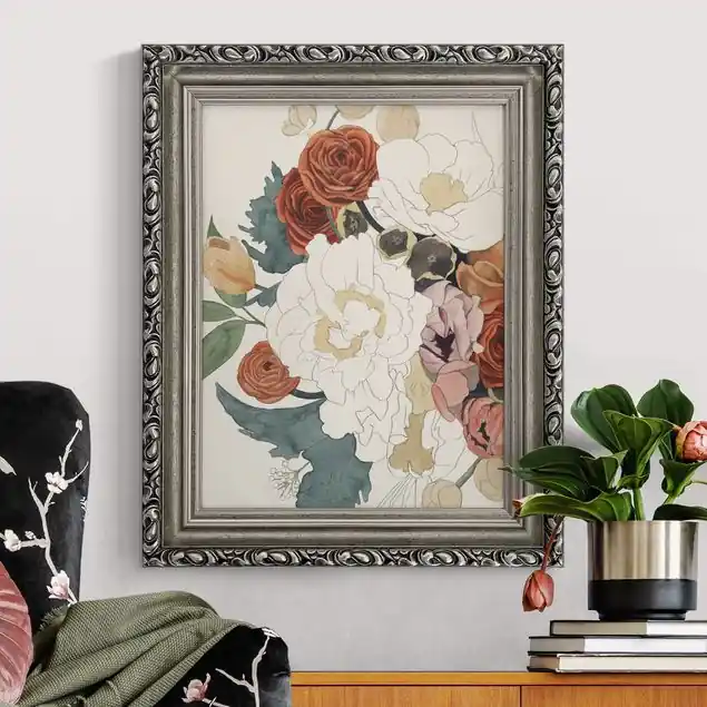 Zeichnung Blumenbouquet in Rot und Sepia Gerahmtes Leinwandbild Abverkauf