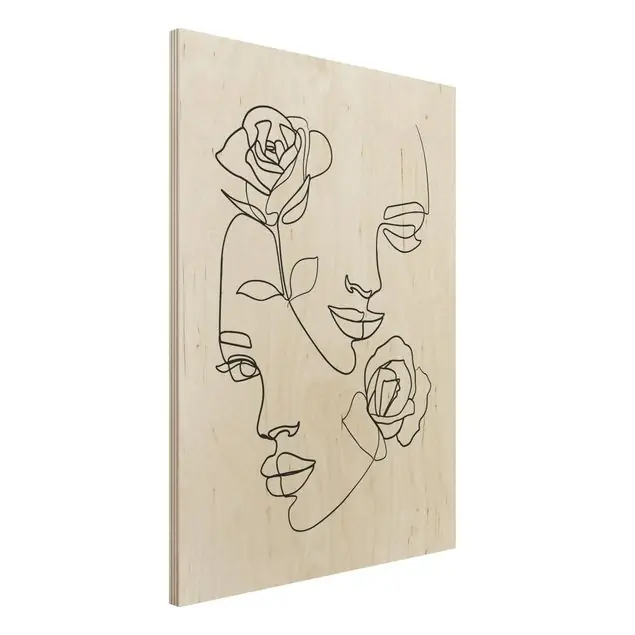 Abverkauf Line Art Gesichter Frauen Rosen Schwarz Weiß                               Holzbild - Hochformat 3:4