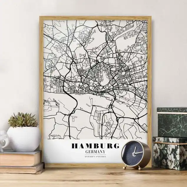 Zertifiziert Stadtplan Hamburg - Klassik                               Bild mit Rahmen - Hochformat
