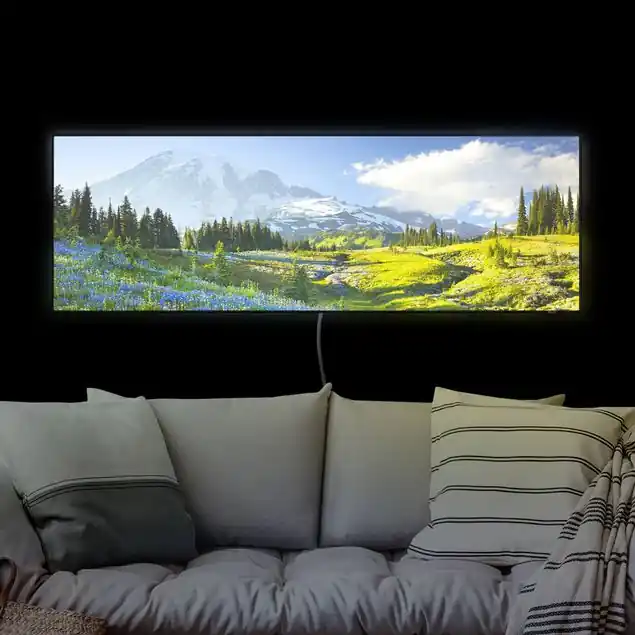 Wochenendangebot Bergwiese mit blauen Blumen vor Mt. Rainier                               LED-Wechselbild