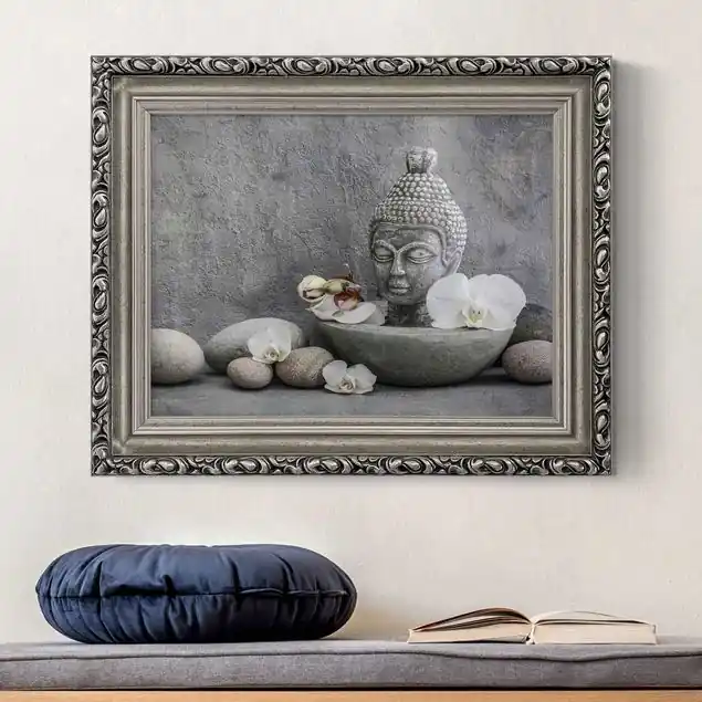 Zen Buddha, Orchideen und Steine Gerahmtes Leinwandbild Letzte Chance