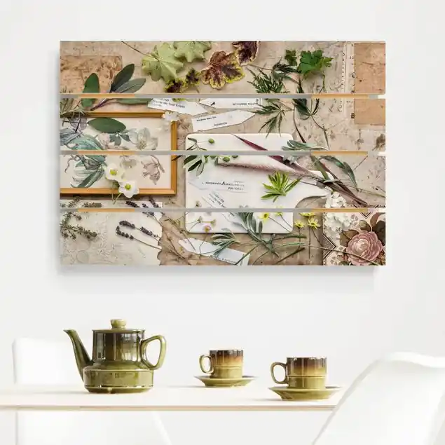 Abverkauf Blumen und Gartenkräuter Vintage                               Holzbild Plankenoptik - Querformat