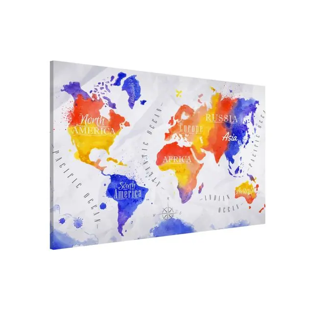 Garantierte Lieferung Weltkarte Aquarell violett rot gelb Magnettafel - Querformat 3:2