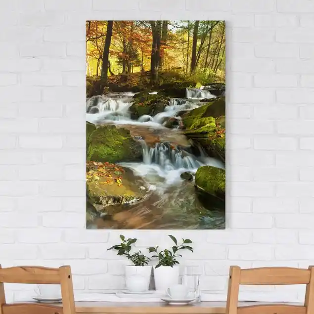 Wochenendangebot Wasserfall herbstlicher Wald Leinwandbild – Canvas
