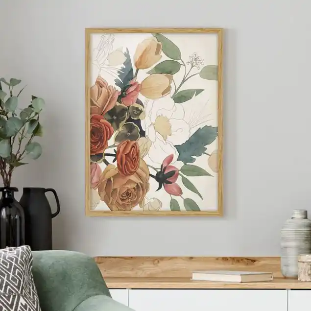 Zeichnung Blumenbouquet in Rot und Sepia II Bild mit Rahmen - Hochformat Knallerangebot