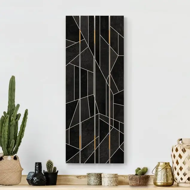 Schwarz Weiß Geometrie Aquarell Holzbild Plankenoptik - Hochformat Markenprodukt