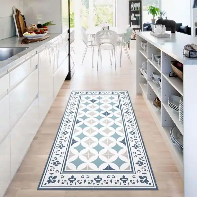 Neue Ware Geometrische Fliesen Kreisblüten Dunkelblau mit Bordüre Vinylteppich
