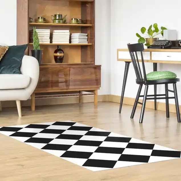 Kostenloser Versand Geometrisches Muster gedrehtes Schachbrett Schwarz Weiß Vinylteppich