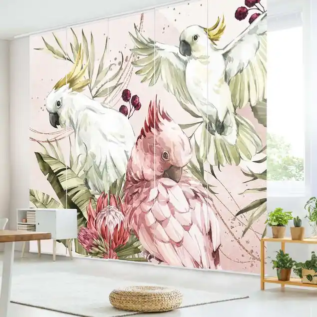 Top-Preis Tropische Vögel - Kakadus Pink und Weiß Schiebegardine