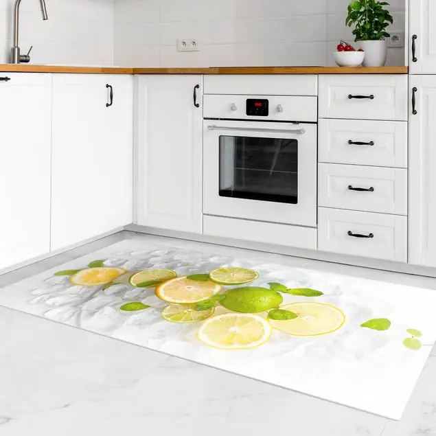 Zitrusfrüchte auf Eiswürfel Vinylteppich Neue Kollektion