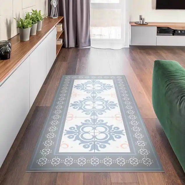 Florale Fliesen Orange Blaue Knospen mit Bordüre Vinylteppich Preisknaller