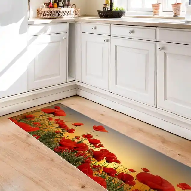 Mohnblumenfeld im Sonnenuntergang Vinylteppich Zertifiziert