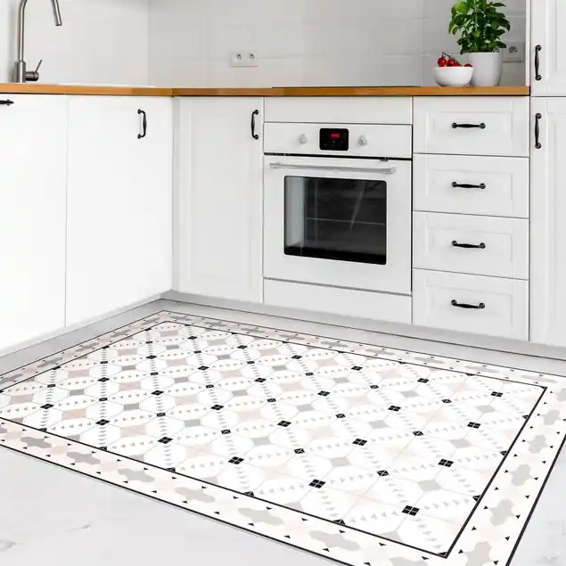 Geometrische Fliesen Ikat Sand mit Bordüre Vinylteppich Neue Kollektion