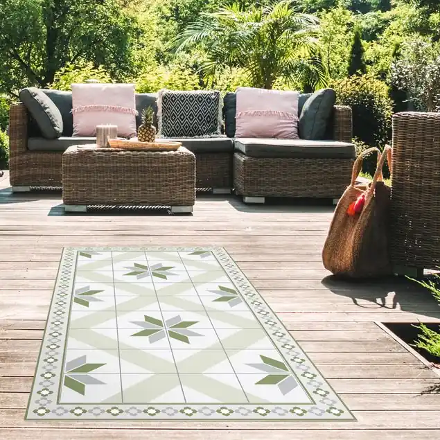 Geometrische Fliesen Rautenblüte Olivgrün mit schmaler Bordüre Vinylteppich Kostenfreie Lieferung