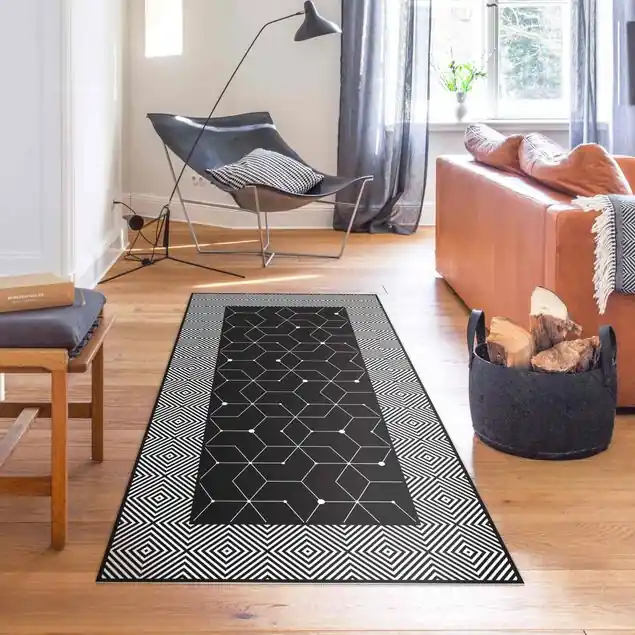 Geometrische Fliesen Punktlinien Schwarz mit Bordüre Vinylteppich Bestseller