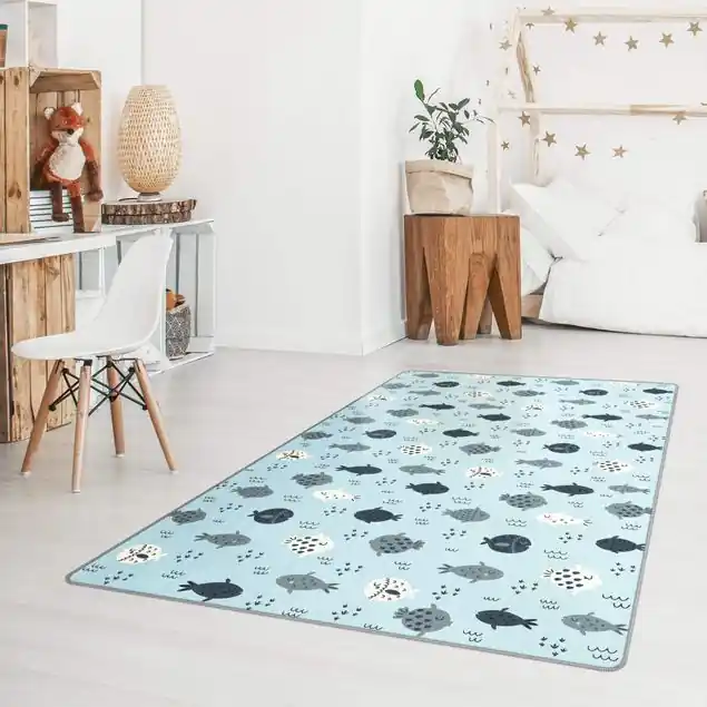 Versand Am Gleichen Tag Skandinavische Fische in Pastellblau Teppich