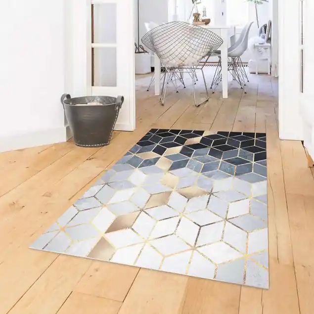 Aktuell Blau Weiß goldene Geometrie                               Vinylteppich