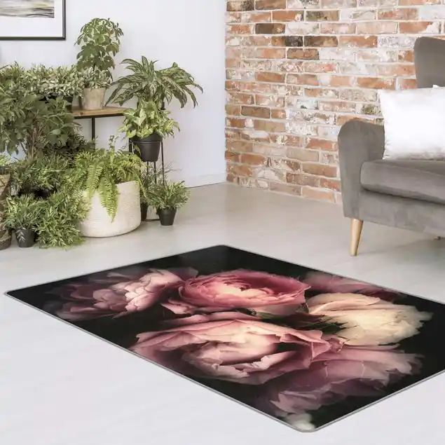 Pfingstrosen vor Schwarz Shabby Teppich Günstig