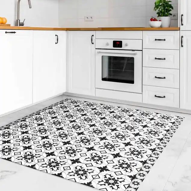 Geometrischer Fliesenmix Blume Schwarz Vinylteppich Schnäppchen
